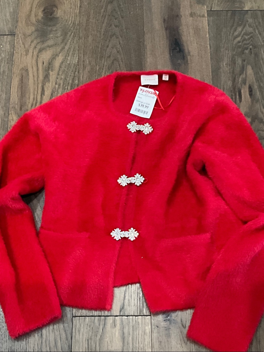 Cyrus Red Fuzzy Knit Cardigan with Flower Toggle Accents